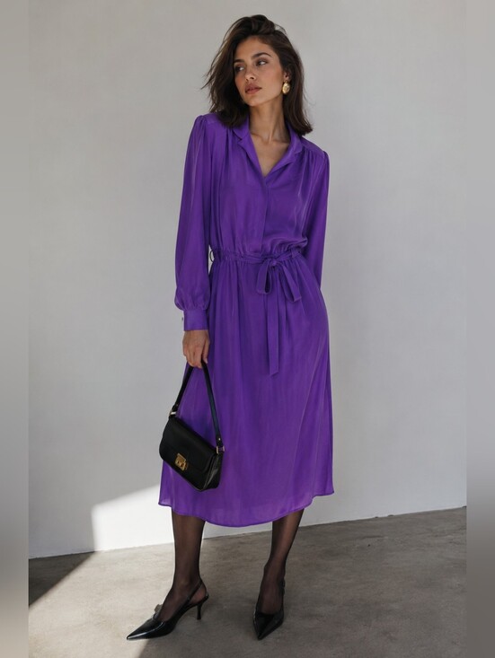 Eaton Dresses & Skirts - Vintage 80s 100% Silk Eaton Dress Size 7 (M) Purple Shoulder Pads Retro Midi